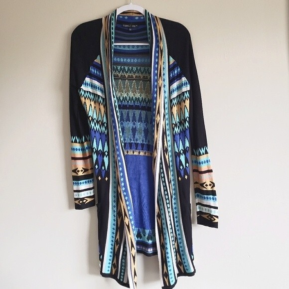 GYPSY 05 Global Village Longline Geomatric Aztec Cardigan Sweater Wrap Tie XS - Picture 6 of 10